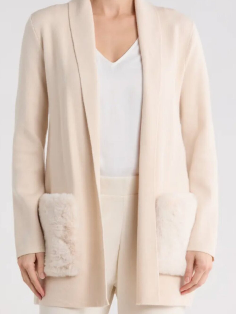 Tahari Cream Open-Front Cardigan with Faux-Fur Pockets